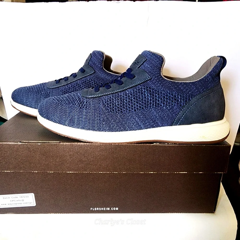 Florsheim Satellite Jr Knit Navy Slip-On Faux Lace Sneaker Kids 5.5M Casual Prep